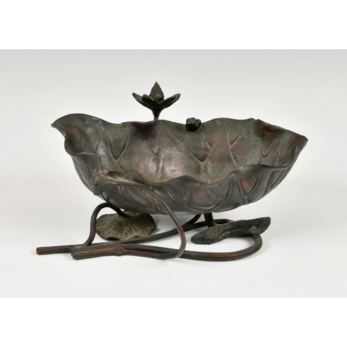 2254 - A Japanese bronze lotus form ikebana vessel with frog, Meiji period (1868-1912), red and brown patin... 