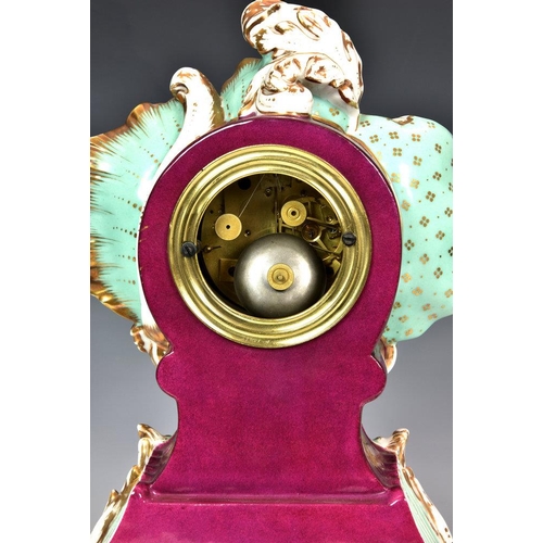 231 - A French porcelain mantel clock, 19th century, the twin train movement with silk suspension and outs... 