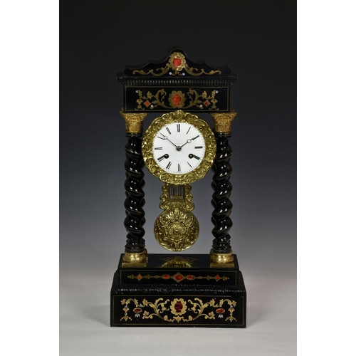 233 - Villemsens á Paris, a gilt and inlaid portico mantel clock, 19th century, French, the twin train mov... 