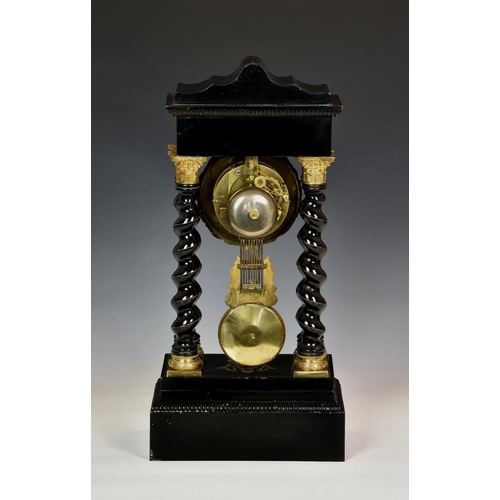 233 - Villemsens á Paris, a gilt and inlaid portico mantel clock, 19th century, French, the twin train mov... 