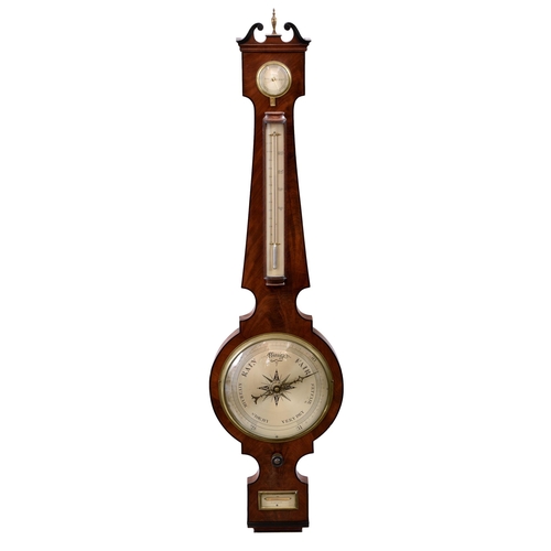 242 - A George IV mahogany and ebony wheel barometer by Deards of Harlow, the ebony swan's neck pediment o... 