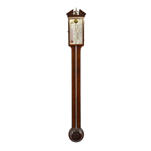 267 - A Georgian-style stick barometer, mid-20th century, the broken architectural top with brass vase fin... 