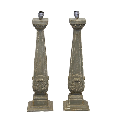 2880 - A pair of large contemporary square column wooden lamp bases, having grey painted distressed finish ... 