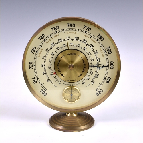 2884 - A vintage Jaeger desk weather station, the brass circular rim supporting glass dial with barometer, ... 