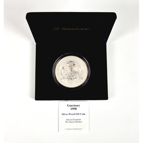 402 - Numismatics interest - The Royal Mint Guernsey 1998 silver Proof Ten Pounds, Queen Elizabeth The Que... 