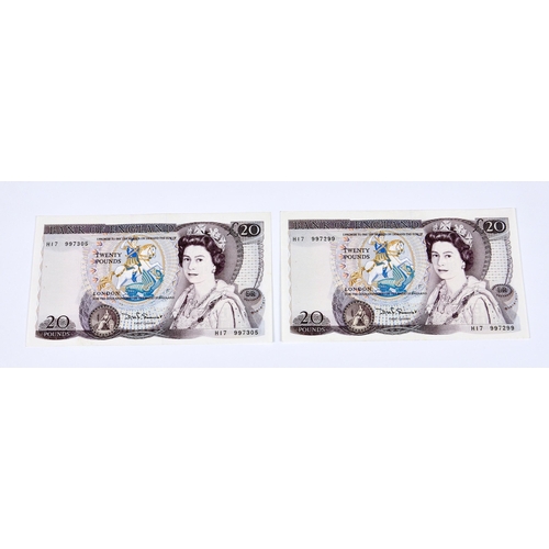 453 - BRITISH BANKNOTES - Bank of England - Twenty Pounds (2), circa March 1981, Signatory D. H. F. Somers... 