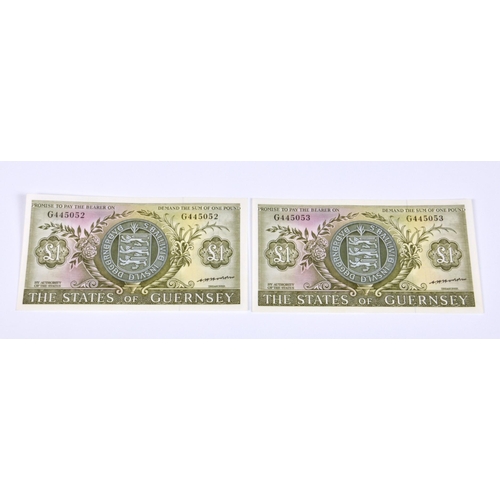 458 - BRITISH BANKNOTE - The States of Guernsey - One Pounds - consecutive pair, c.1969, Signatory C. H. H... 