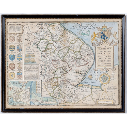 476 - John Speede (1552-1629), a hand coloured engraved map of Lincolnshire, 'The Countie and Citie of Lyn... 