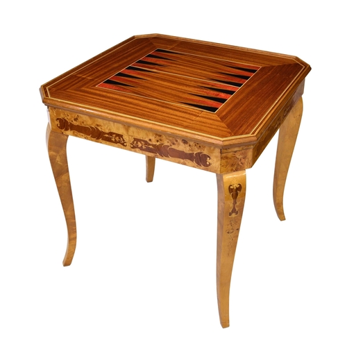 717 - An Italian burr maple and marquetry metamorphic games table, late 20th century, the square top with ... 