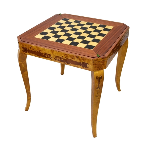 717 - An Italian burr maple and marquetry metamorphic games table, late 20th century, the square top with ... 