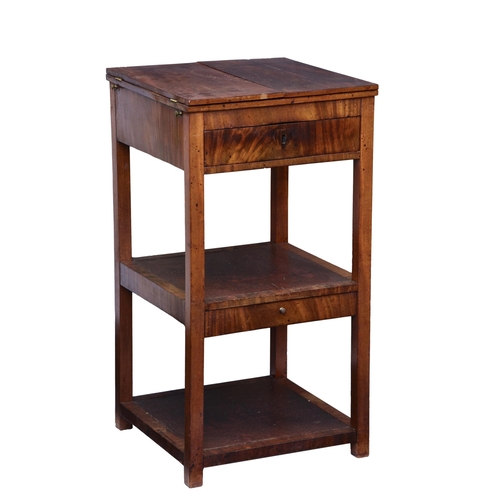 728 - An early 19th century French mahogany three tier whatnot, alterations, the split hinged top with ins... 