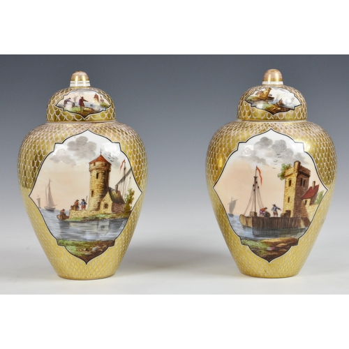 77 - A pair of 20th century Dresden covered vases, of baluster form, painted with shaped panels depicting... 