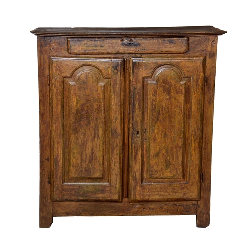 807 - An 18th century French provincial painted joined oak cupboard, the moulded, two-plank top over a sin... 