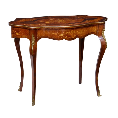 821 - A Louis XVI style kingwood, rosewood, marquetry and gilt brass serpentine centre table, early 20th c... 