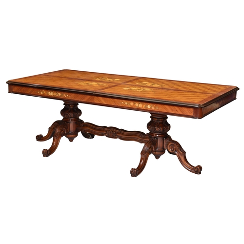 829 - A matching kingwood, rosewood and marquetry extending dining table, with a set of twelve dining chai... 