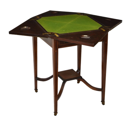 832 - An Edwardian rosewood and marquetry envelope card table, the quartered top swivelling and unfolding ... 