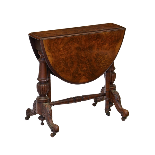 833 - A small Victorian burr walnut oval Sutherland table, the moulded dropflap top opening on gatelegs, r... 