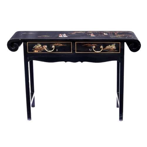 865 - A Chinese black lacquered and painted altar table, third quarter 20th century, painted to the top wi... 