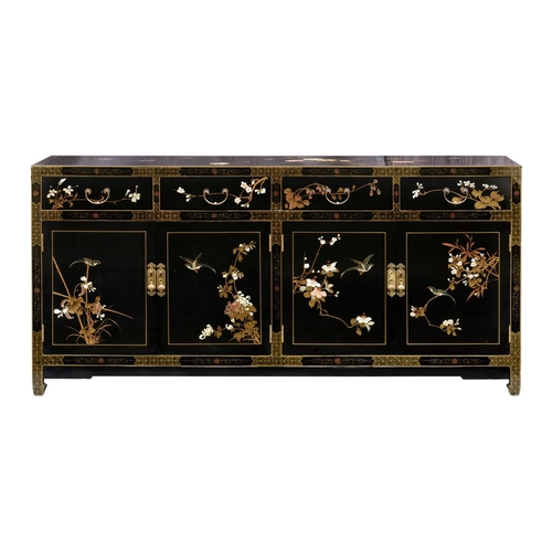 866 - A Chinese black lacquered and painted sideboard, third quarter 20th century, painted to the top, fro... 