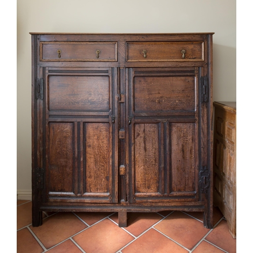 877 - An 18th century and later tall, shallow oak panelled cabinet, the plain top over three panelled side... 