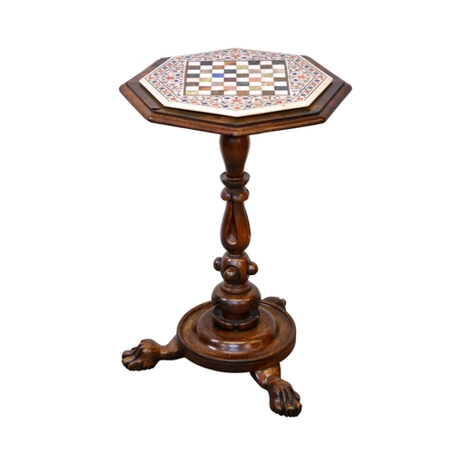 882 - A Victorian Anglo-Indian pietra dura and mahogany games table, the moulded octagonal top with specim... 