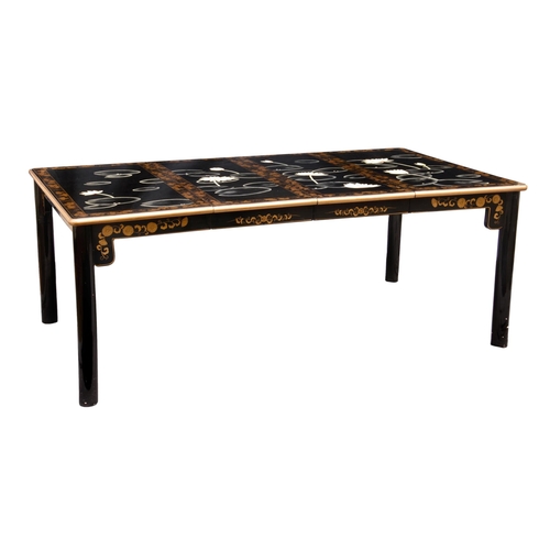 990 - A Chinese painted and black lacquered chinoiserie extending dining table, the pull-out mechanism wit... 