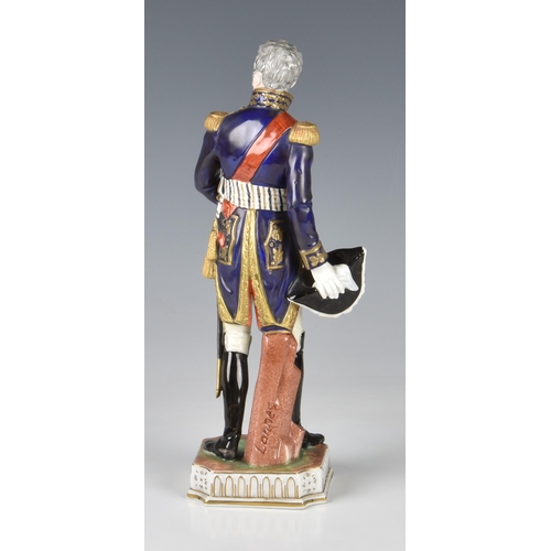 1 - A Carl Thieme Dresden military porcelain figure of Marshal Lannes, 20th century, blue printed factor... 