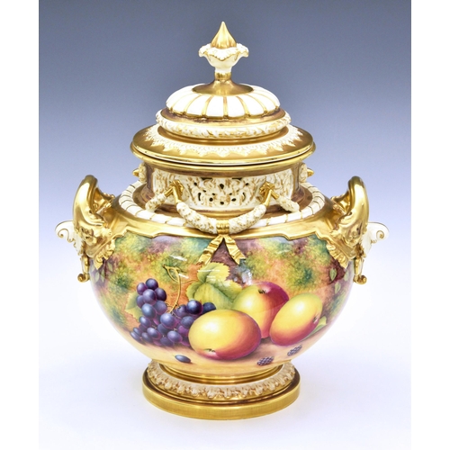 101 - A Royal Worcester large two handled urn and cover, hand-painted with fruit, by D Shinnie, with an or... 