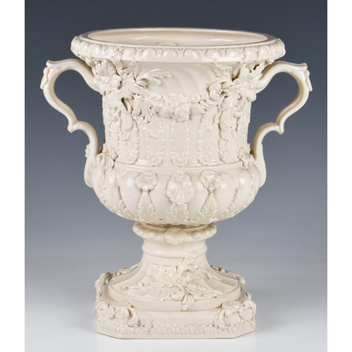 16 - A creamware pottery two handled urn by Peter Weldon, 1990s, purchased from the General Trading Compa... 