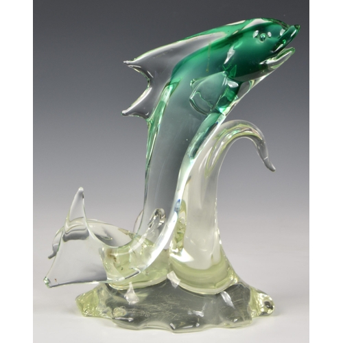 174 - A large Murano glass fish sculpture, signed Rostrato 1976, clear and green glass fish, jumping over ... 