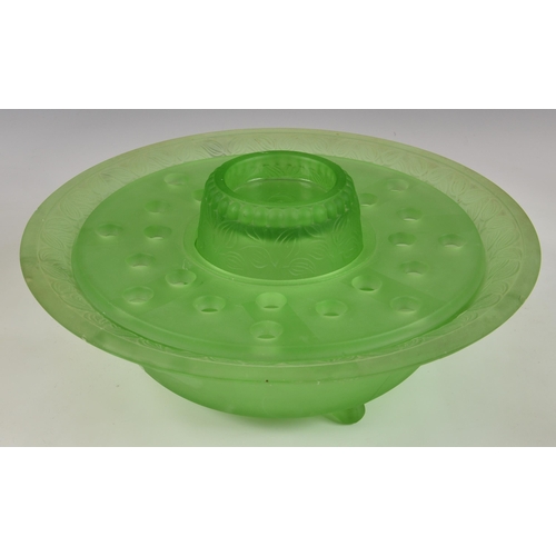 184 - A pair of Art Deco 'Three Graces' moulded uranium glass tazzas, the central column moulded as three ... 