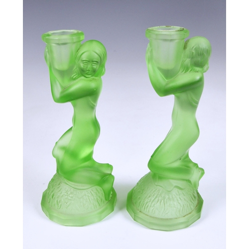 184 - A pair of Art Deco 'Three Graces' moulded uranium glass tazzas, the central column moulded as three ... 