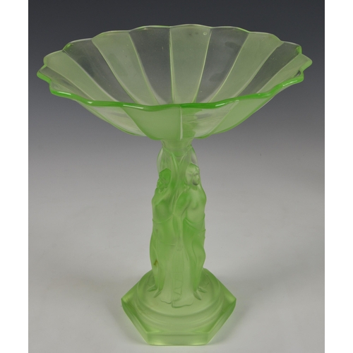 184 - A pair of Art Deco 'Three Graces' moulded uranium glass tazzas, the central column moulded as three ... 