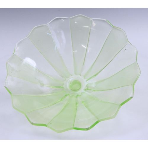 184 - A pair of Art Deco 'Three Graces' moulded uranium glass tazzas, the central column moulded as three ... 