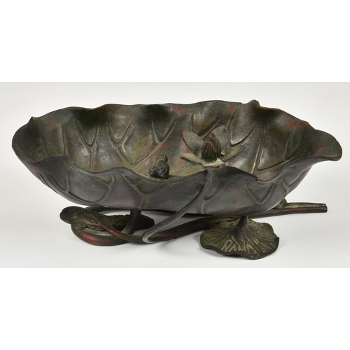 2254 - A Japanese bronze lotus form ikebana vessel with frog, Meiji period (1868-1912), red and brown patin... 