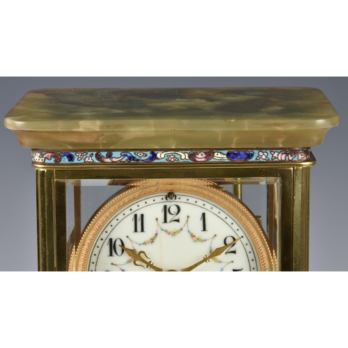 237 - A French four glass onyx and champleve enamel cased mantel clock, early 20th century, the eight day ... 