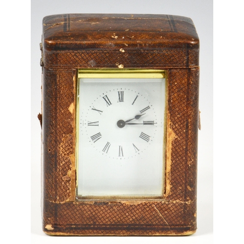 241 - A late 19th century French brass carriage clock with leather travel case, the white enamel dial with... 