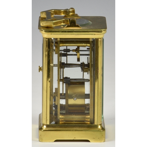 241 - A late 19th century French brass carriage clock with leather travel case, the white enamel dial with... 