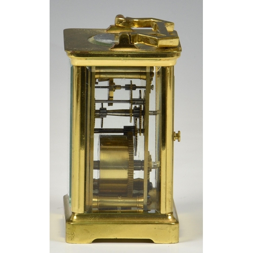 241 - A late 19th century French brass carriage clock with leather travel case, the white enamel dial with... 