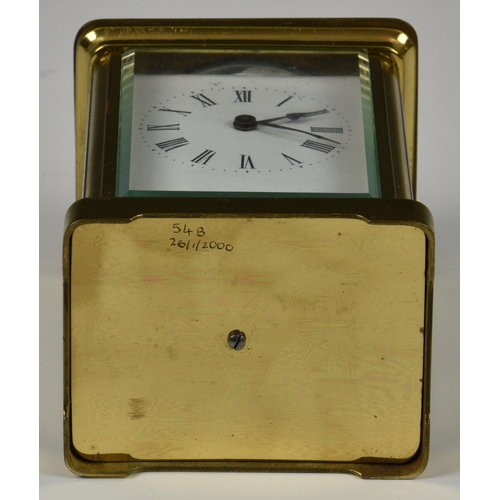 241 - A late 19th century French brass carriage clock with leather travel case, the white enamel dial with... 