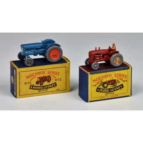 2519 - Two boxed Matchbox Lesney 1-75 Series tractors, comprising an MB4a Massey Harris Tractor, with mudgu... 