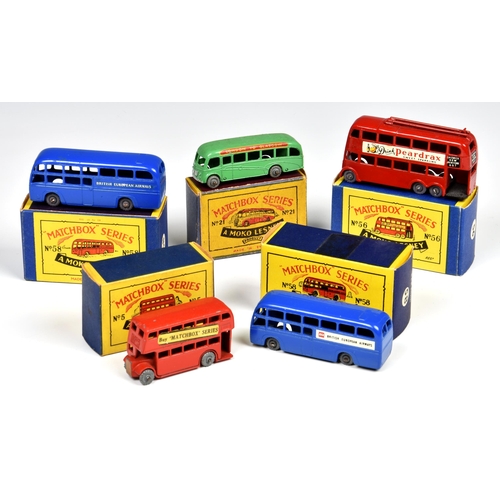 2520 - Five boxed Matchbox Lesney 1-75 Series buses and coaches, comprising an MB5a London Bus, paper label... 