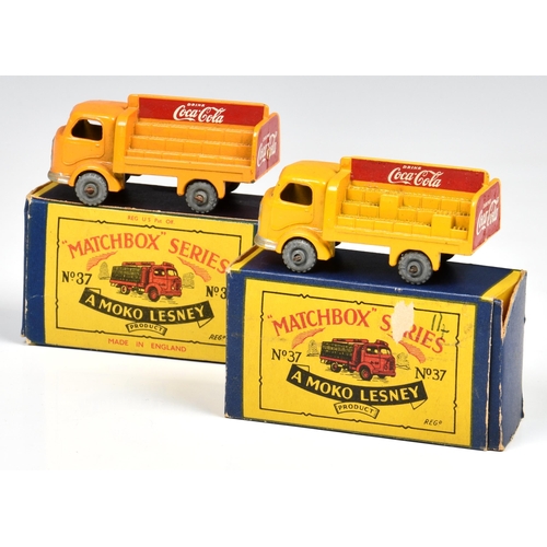 2523 - Two Matchbox Lesney 1-75 Series MB37a Karrier Bantam 'Coca-Cola' Lorries, one with uneven load, yell... 