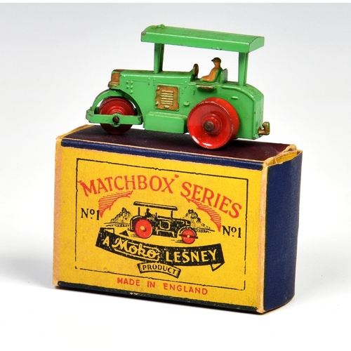 2527 - Matchbox Lesney 1-75 Series MB1a Diesel Road Roller, light green with red metal rollers, Type 2, in ... 