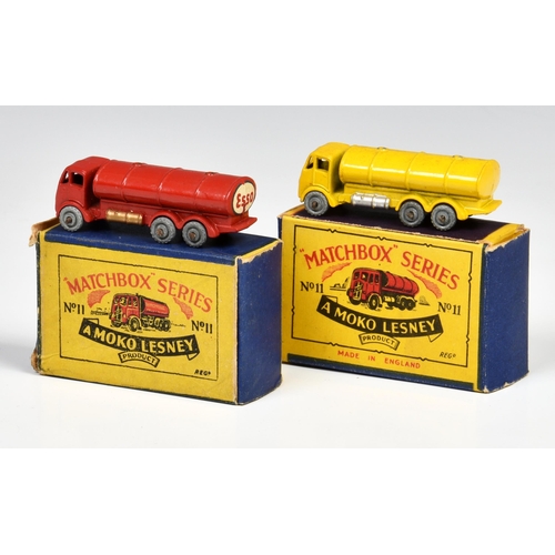 2528 - Two Matchbox Lesney 1-75 Series MB11a ERF Road Tankers, one red with small ESSO decal, MW, type A bo... 