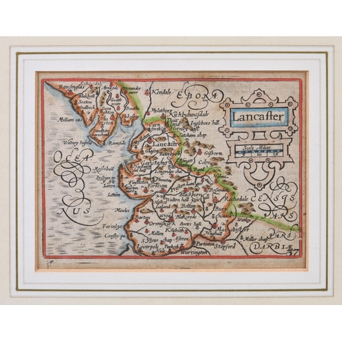 486 - Two 17th century engraved miniature county maps, Lancashire (Lancaster) and Middlesex (Midle-Sex), h... 