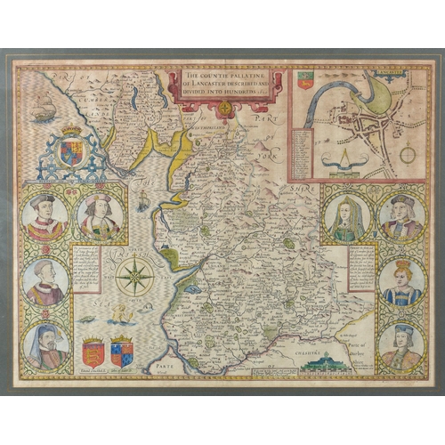 486 - Two 17th century engraved miniature county maps, Lancashire (Lancaster) and Middlesex (Midle-Sex), h... 