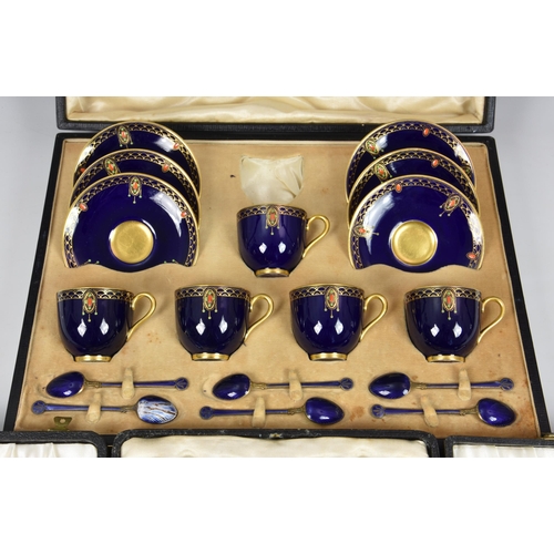 53 - A cased set of Royal Worcester coffee cups, saucers and enamelled silver spoons, date code 1926, cob... 