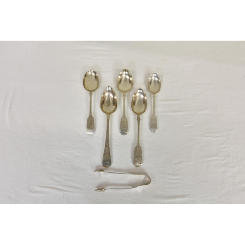 105 - A collection of Channel Islands related silver spoons and sugar tongs, the tongs of typical form, Je... 