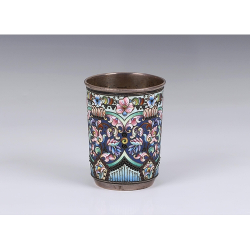 121 - A 19th century Russian silver and cloisonné enamel hand decorated beaker (charka), of slightly taper... 